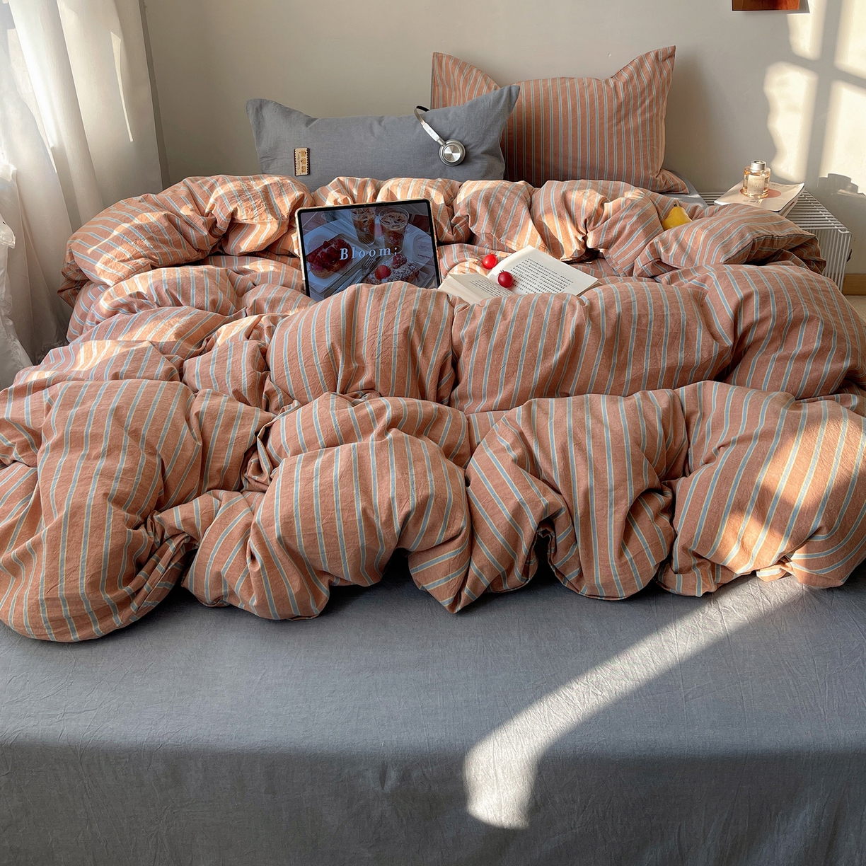 91家纺网 家纺一手货源 找家纺 雅居纺家纺 2026新款全棉色织混搭水洗棉四件套 雾屿-橘黄