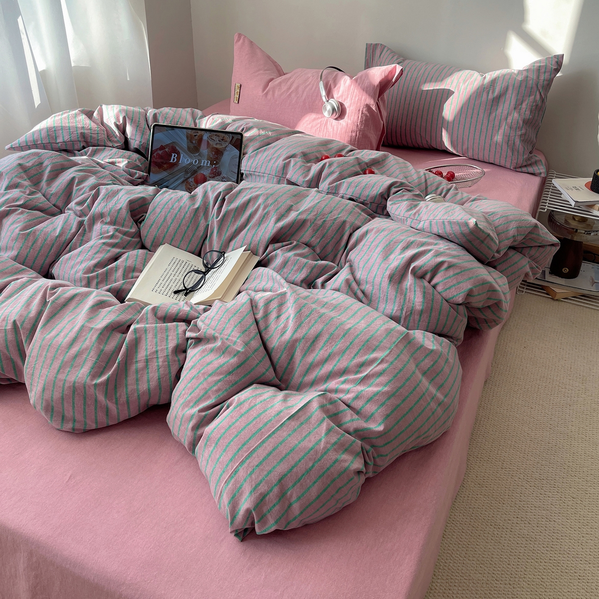 91家纺网 家纺一手货源 找家纺 雅居纺家纺 2026新款全棉色织混搭水洗棉四件套 雾屿-豆沙