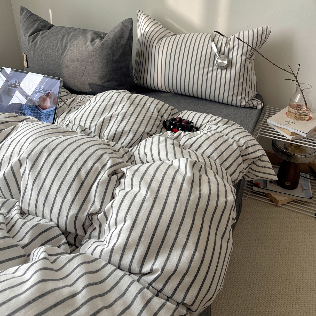 91家纺网 家纺一手货源 找家纺 雅居纺家纺 2026新款全棉色织混搭水洗棉四件套 雾屿-月白