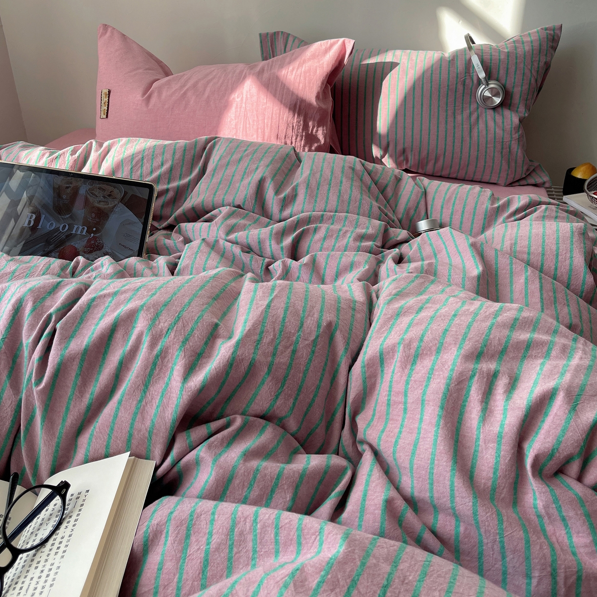 91家纺网 家纺一手货源 找家纺 雅居纺家纺 2026新款全棉色织混搭水洗棉四件套 雾屿-豆沙