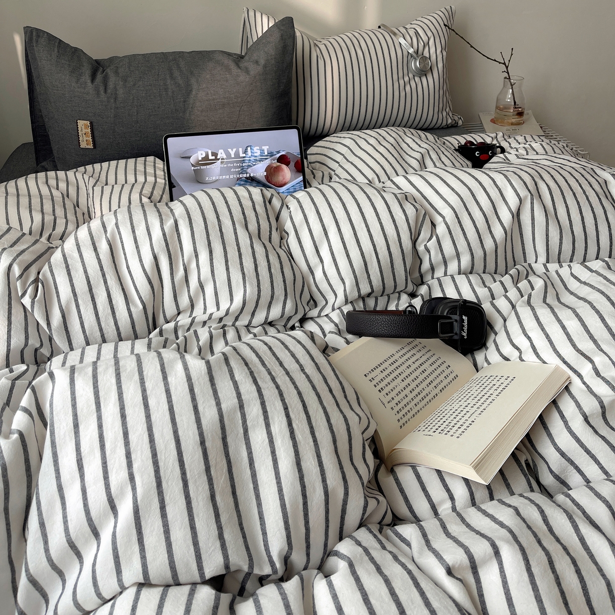 91家纺网 家纺一手货源 找家纺 雅居纺家纺 2026新款全棉色织混搭水洗棉四件套 雾屿-月白