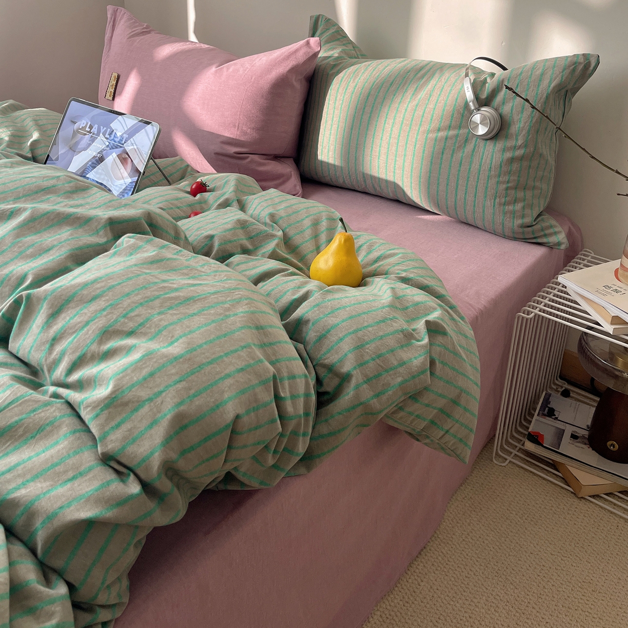 91家纺网 家纺一手货源 找家纺 雅居纺家纺 2026新款全棉色织混搭水洗棉四件套 雾屿-竹青