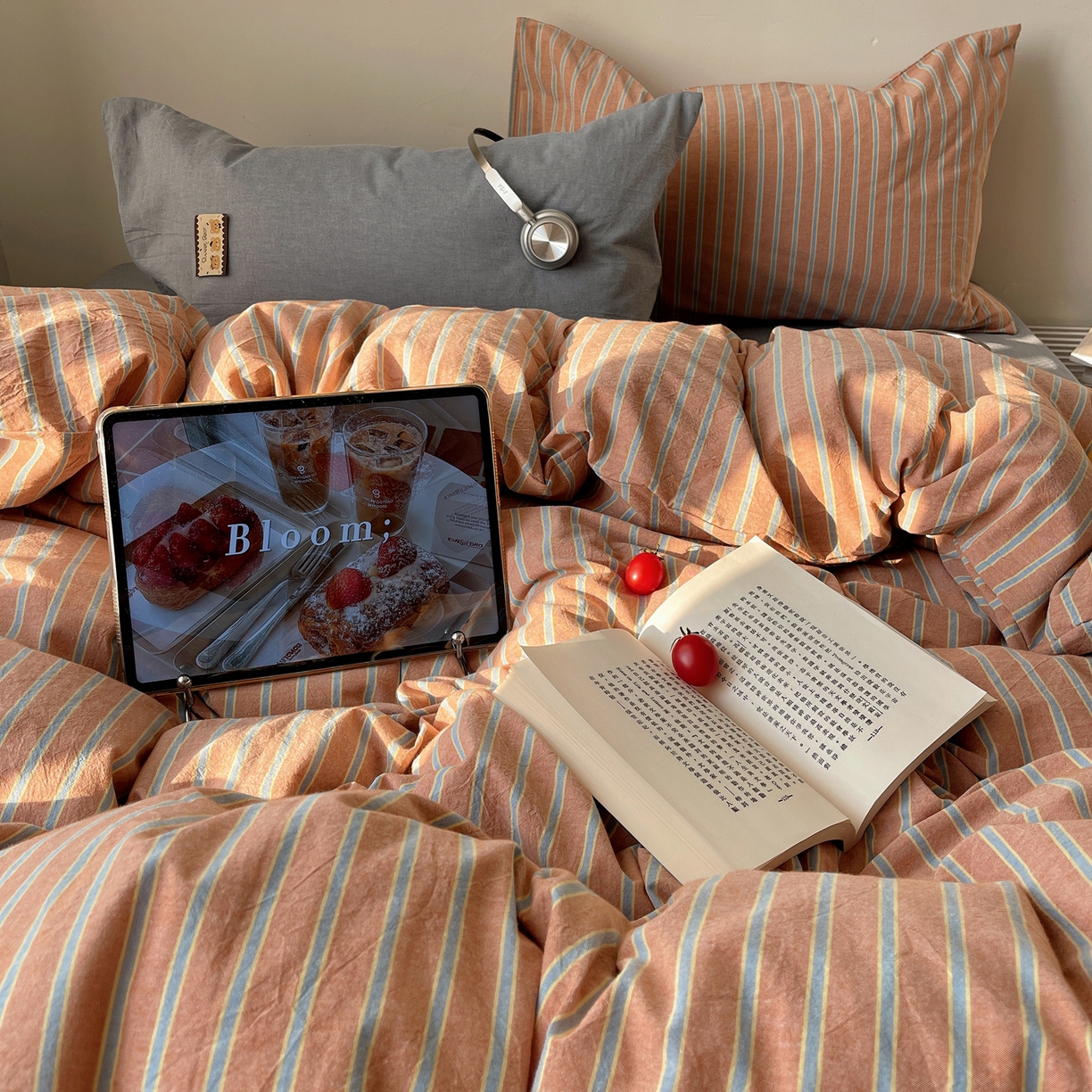 91家纺网 家纺一手货源 找家纺 雅居纺家纺 2026新款全棉色织混搭水洗棉四件套 雾屿-橘黄