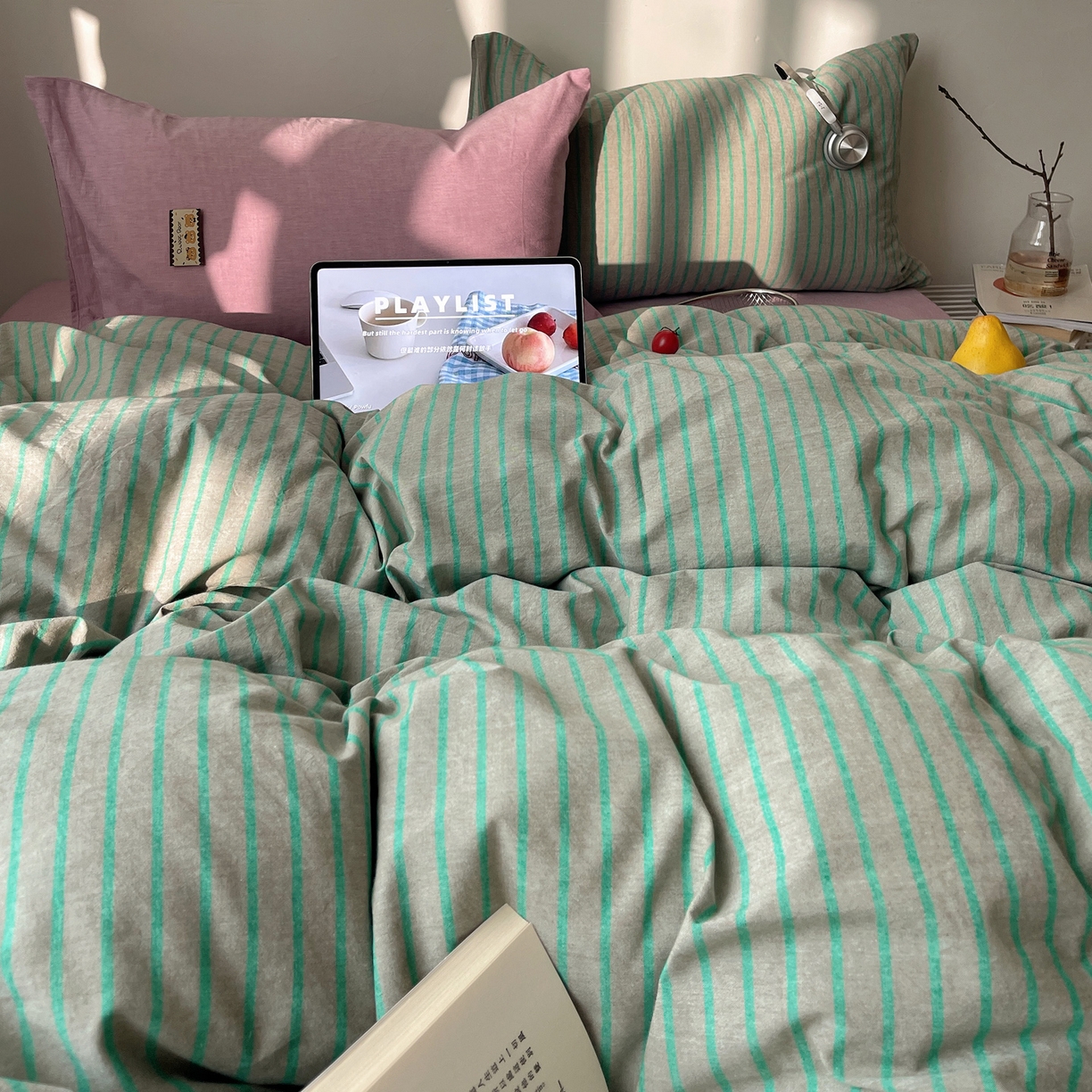 91家纺网 家纺一手货源 找家纺 雅居纺家纺 2026新款全棉色织混搭水洗棉四件套 雾屿-竹青