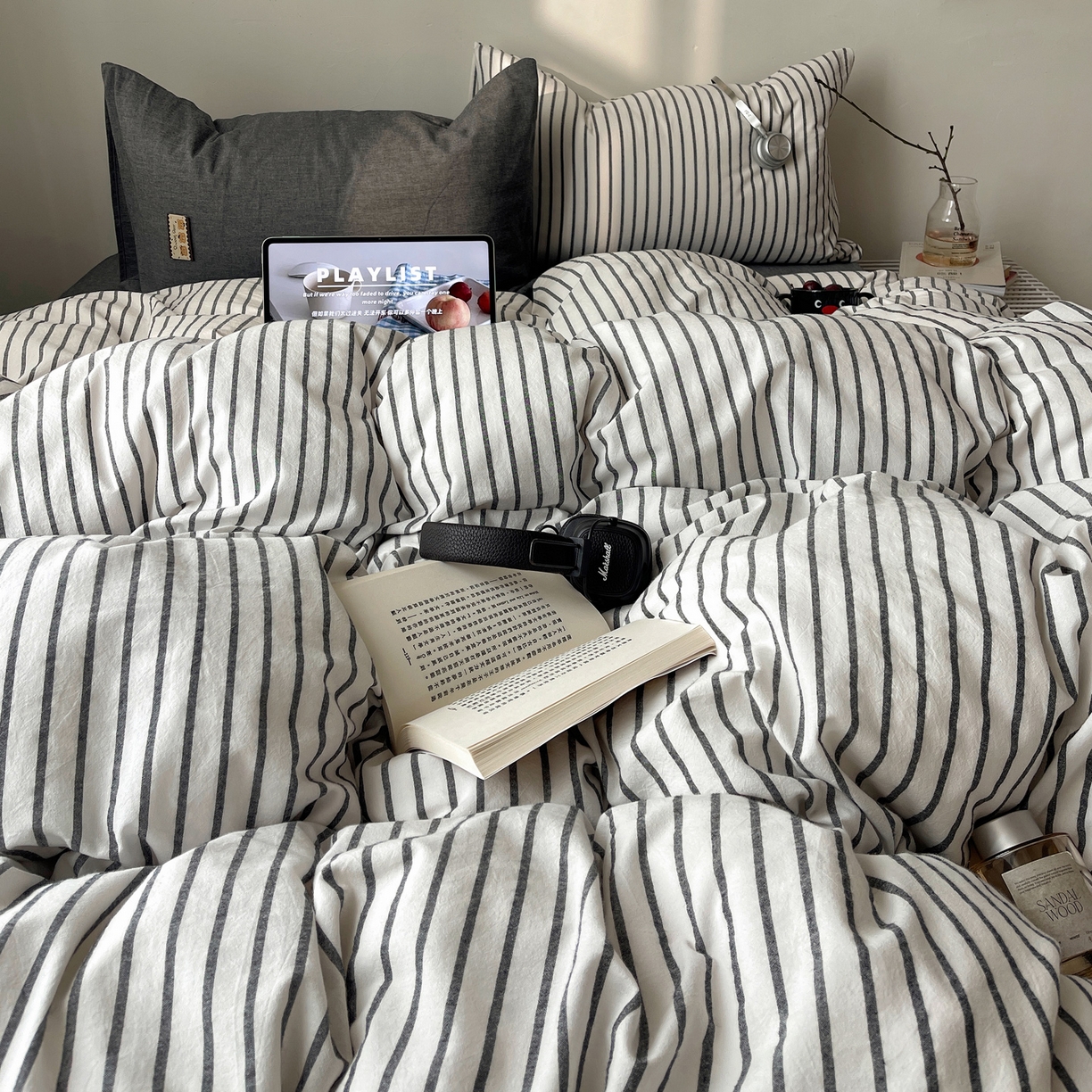 91家纺网 家纺一手货源 找家纺 雅居纺家纺 2026新款全棉色织混搭水洗棉四件套 雾屿-月白