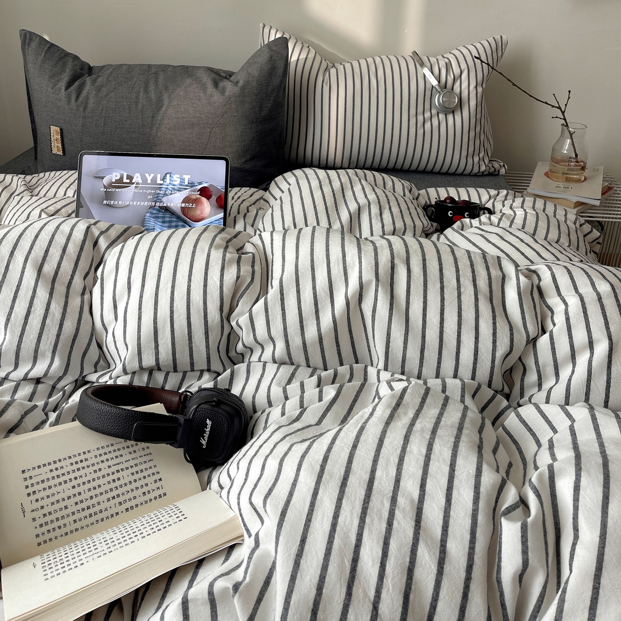 91家纺网 家纺一手货源 找家纺 雅居纺家纺 2026新款全棉色织混搭水洗棉四件套 雾屿-月白