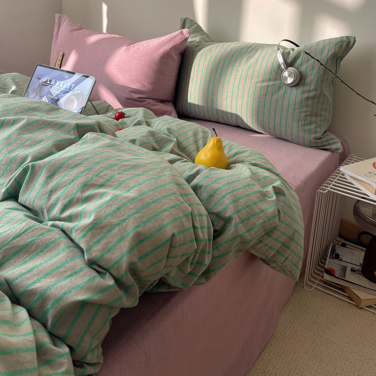 91家纺网 家纺一手货源 找家纺 雅居纺家纺 2026新款全棉色织混搭水洗棉四件套 雾屿-竹青