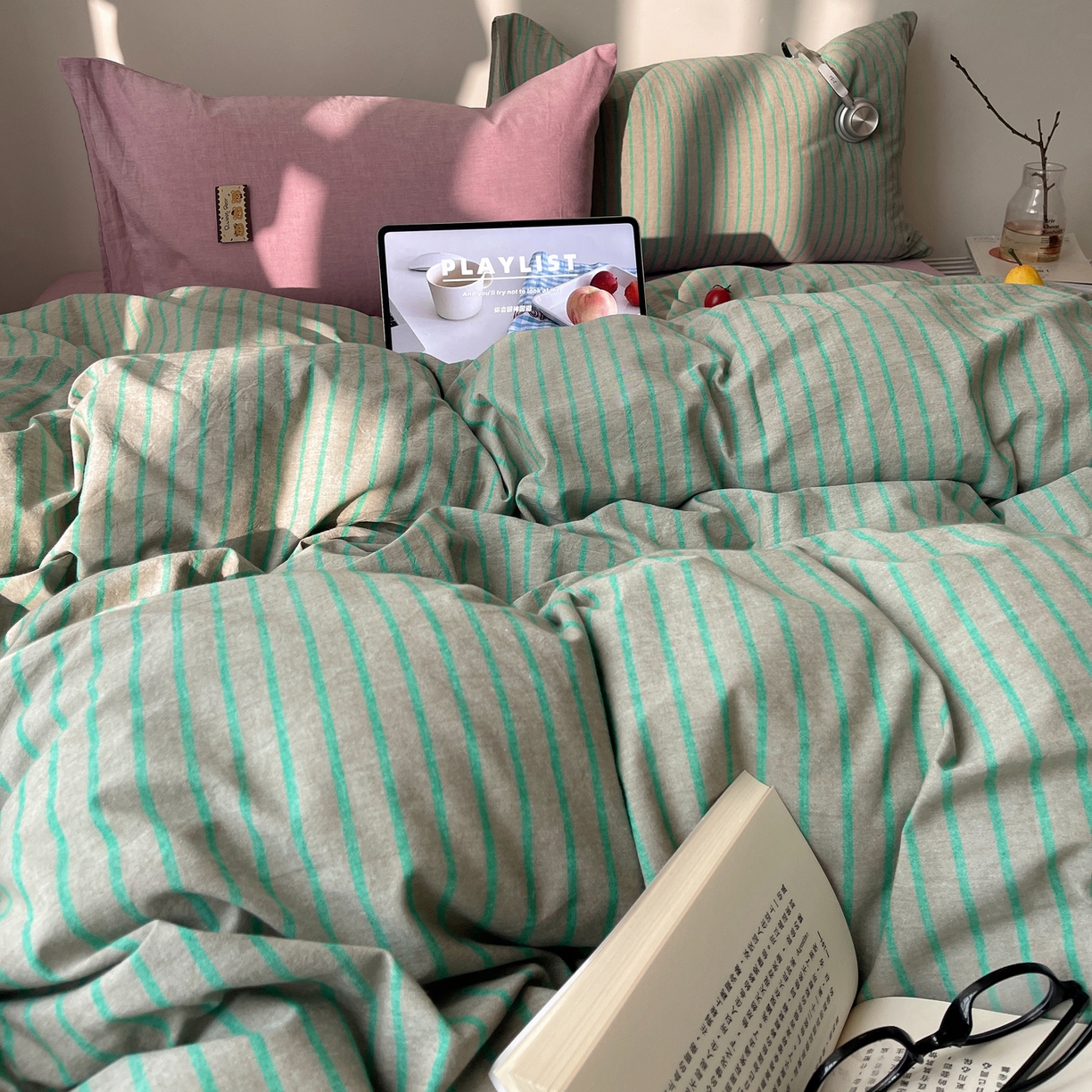 91家纺网 家纺一手货源 找家纺 雅居纺家纺 2026新款全棉色织混搭水洗棉四件套 雾屿-竹青