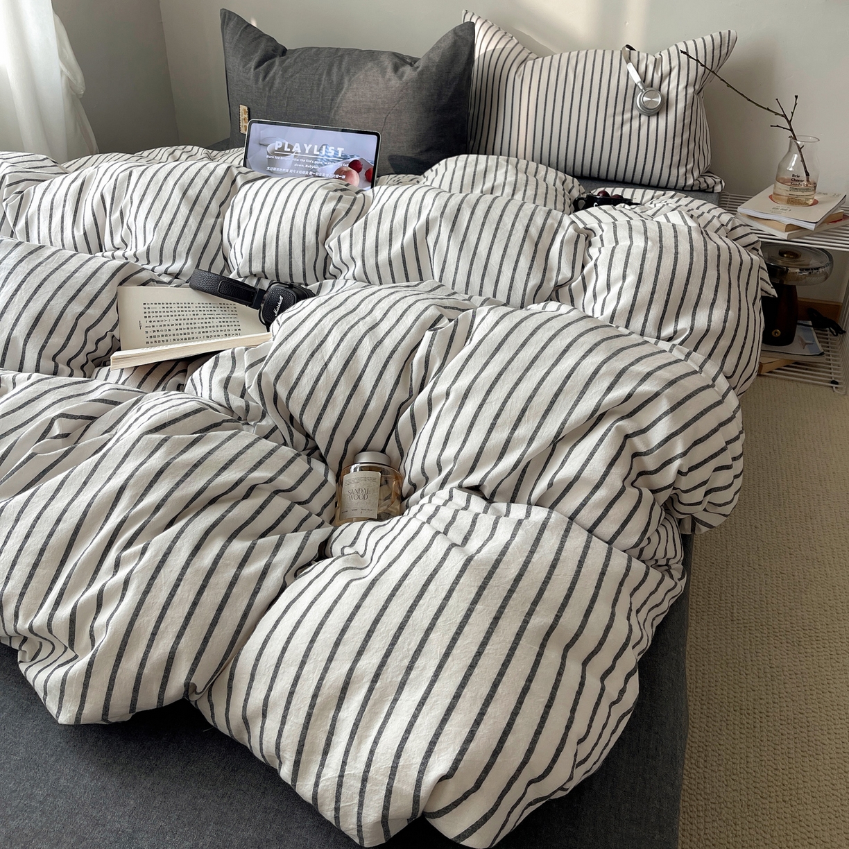 91家纺网 家纺一手货源 找家纺 雅居纺家纺 2026新款全棉色织混搭水洗棉四件套 雾屿-月白