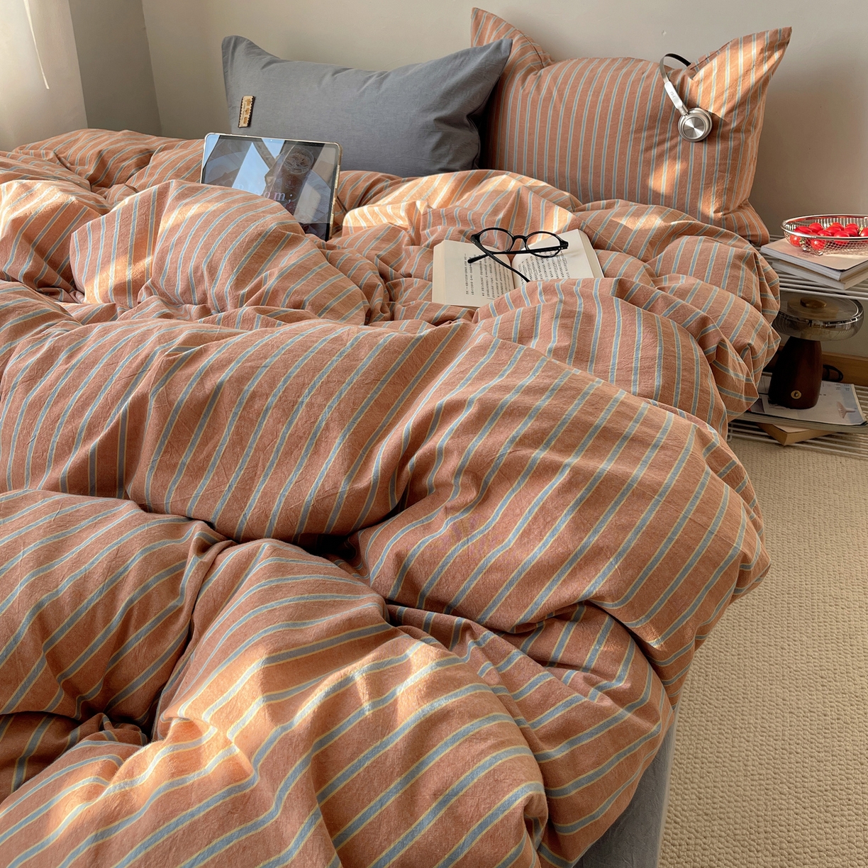 91家纺网 家纺一手货源 找家纺 雅居纺家纺 2026新款全棉色织混搭水洗棉四件套 雾屿-橘黄