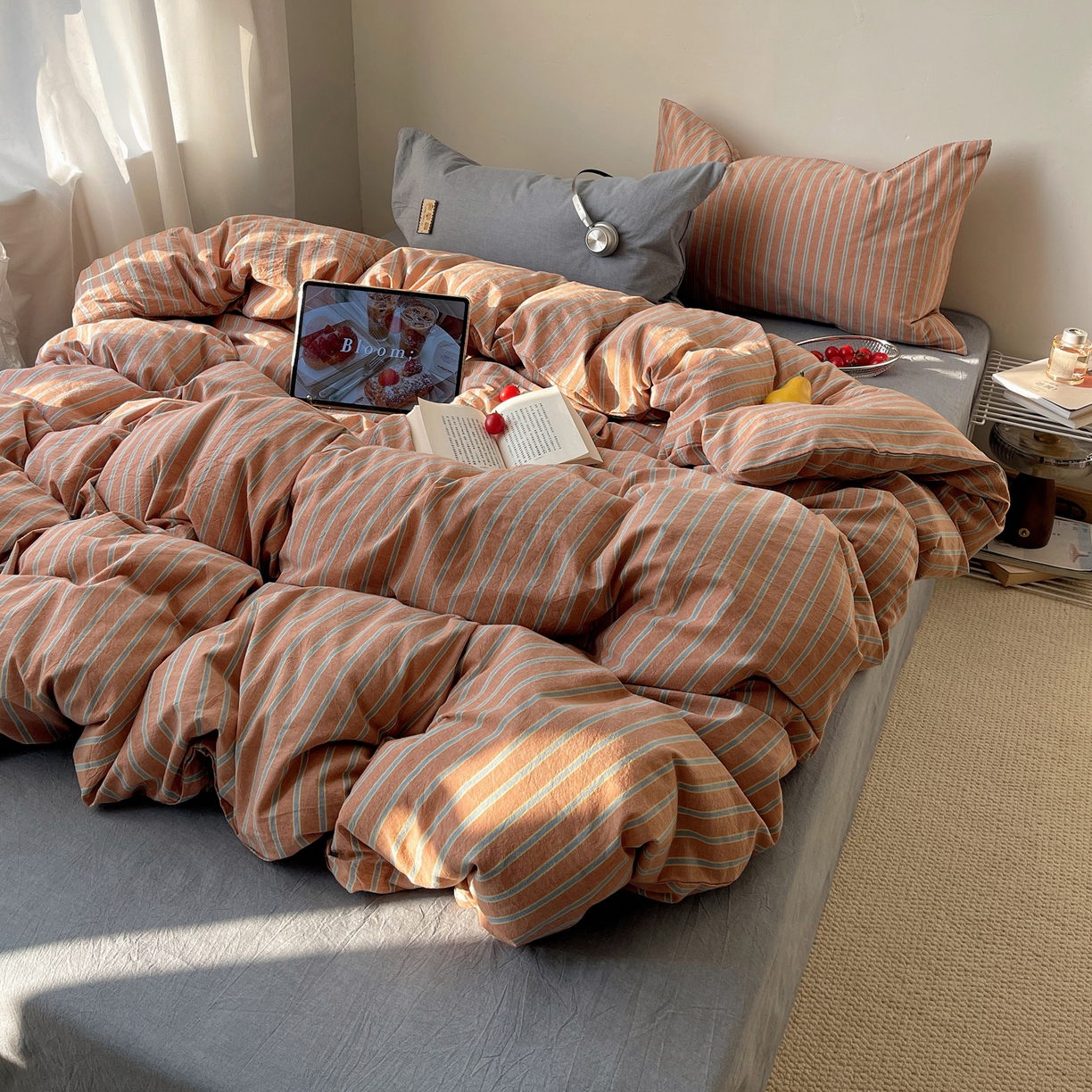 91家纺网 家纺一手货源 找家纺 雅居纺家纺 2026新款全棉色织混搭水洗棉四件套 雾屿-橘黄