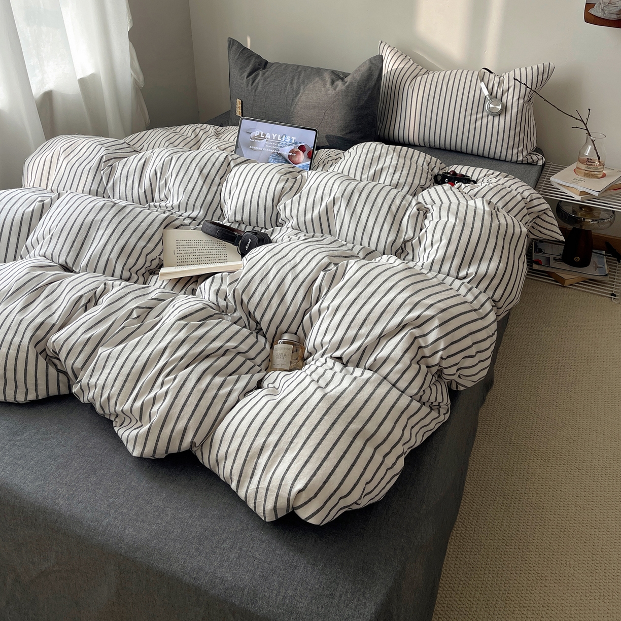 91家纺网 家纺一手货源 找家纺 雅居纺家纺 2026新款全棉色织混搭水洗棉四件套 雾屿-月白