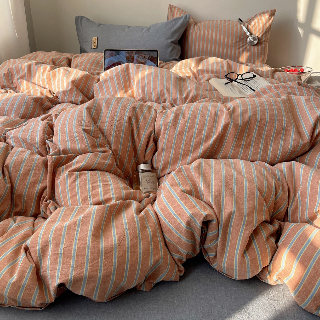 91家纺网 家纺一手货源 找家纺 雅居纺家纺 2026新款全棉色织混搭水洗棉四件套 雾屿-橘黄