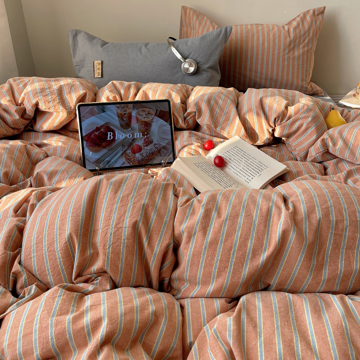 91家纺网 家纺一手货源 找家纺 雅居纺家纺 2026新款全棉色织混搭水洗棉四件套 雾屿-橘黄