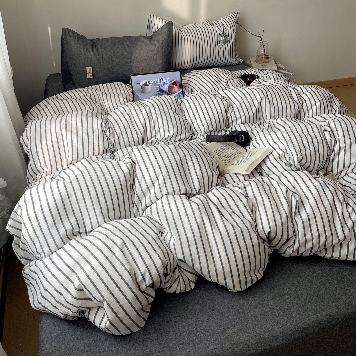 91家纺网 家纺一手货源 找家纺 雅居纺家纺 2026新款全棉色织混搭水洗棉四件套 雾屿-月白