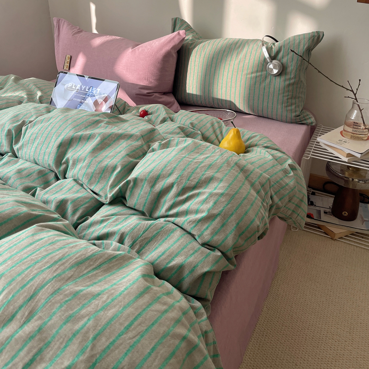 91家纺网 家纺一手货源 找家纺 雅居纺家纺 2026新款全棉色织混搭水洗棉四件套 雾屿-竹青