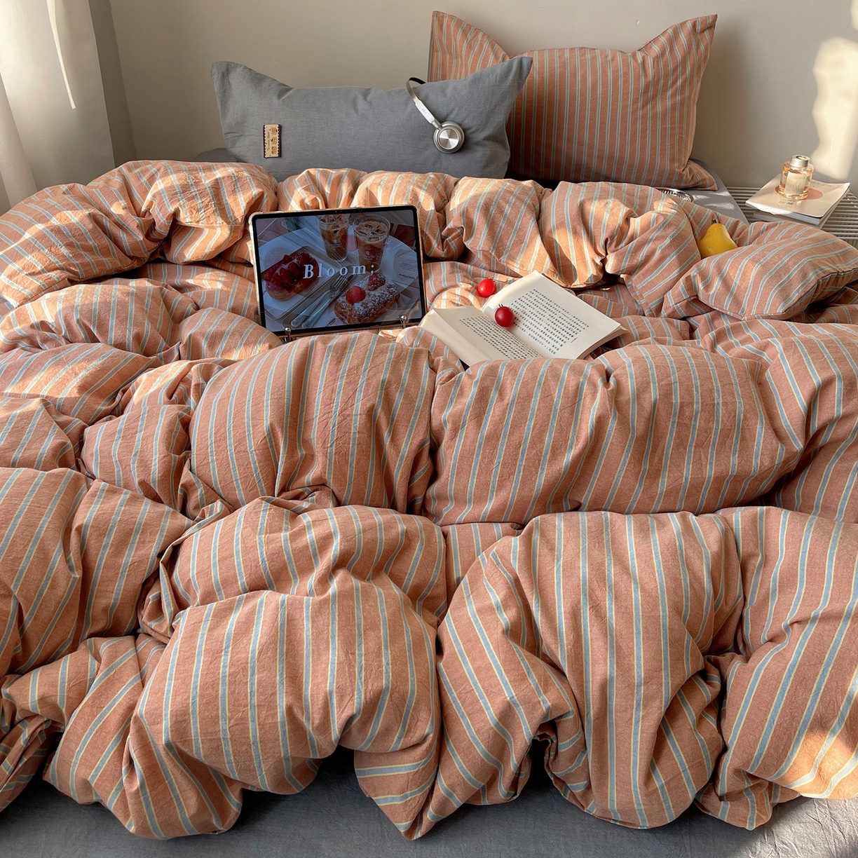 91家纺网 家纺一手货源 找家纺 雅居纺家纺 2026新款全棉色织混搭水洗棉四件套 雾屿-橘黄