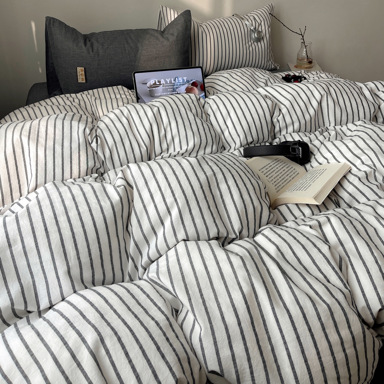 91家纺网 家纺一手货源 找家纺 雅居纺家纺 2026新款全棉色织混搭水洗棉四件套 雾屿-月白