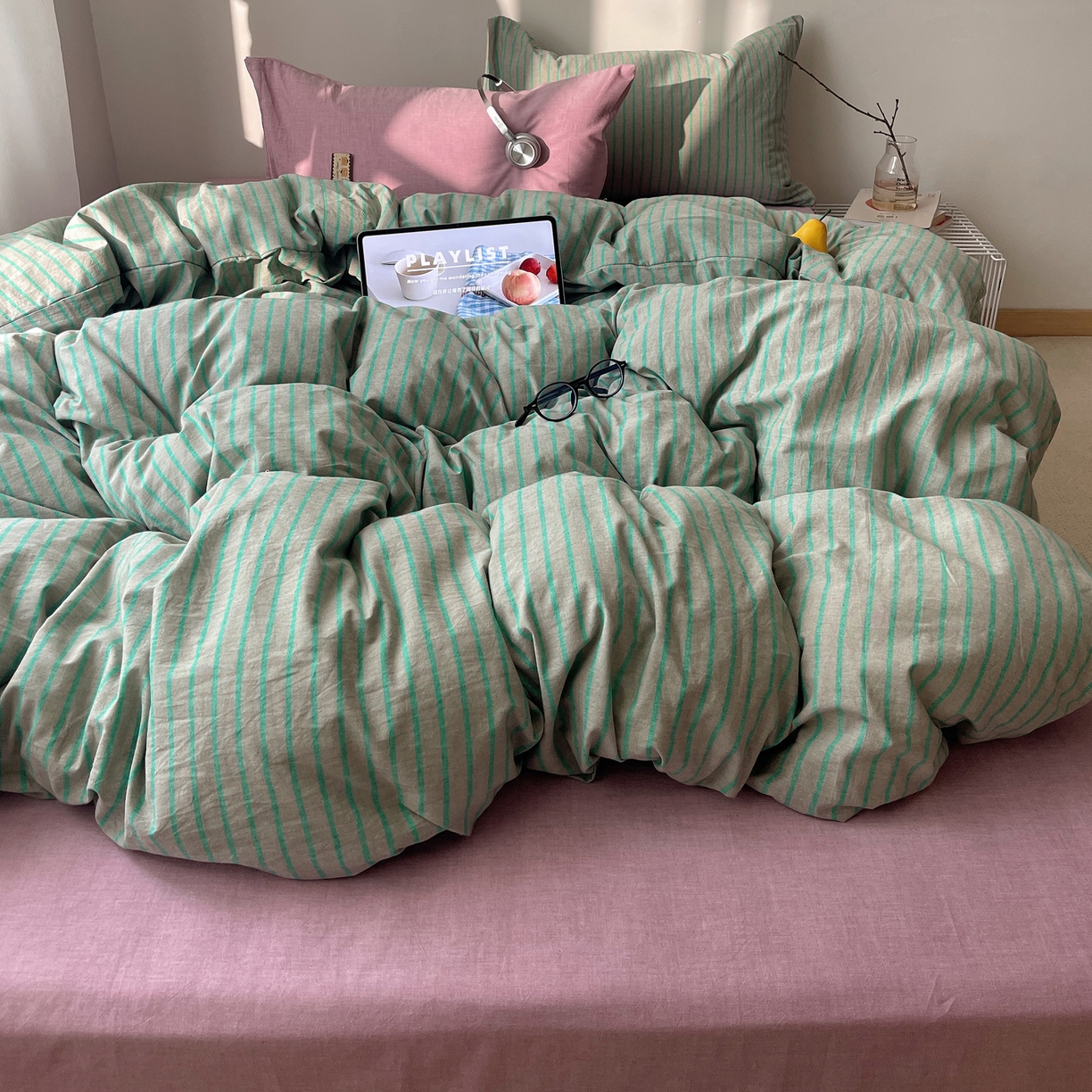 91家纺网 家纺一手货源 找家纺 雅居纺家纺 2026新款全棉色织混搭水洗棉四件套 雾屿-竹青