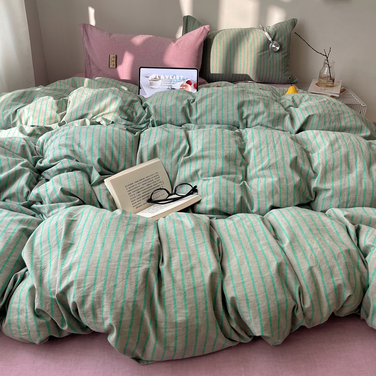 91家纺网 家纺一手货源 找家纺 雅居纺家纺 2026新款全棉色织混搭水洗棉四件套 雾屿-竹青