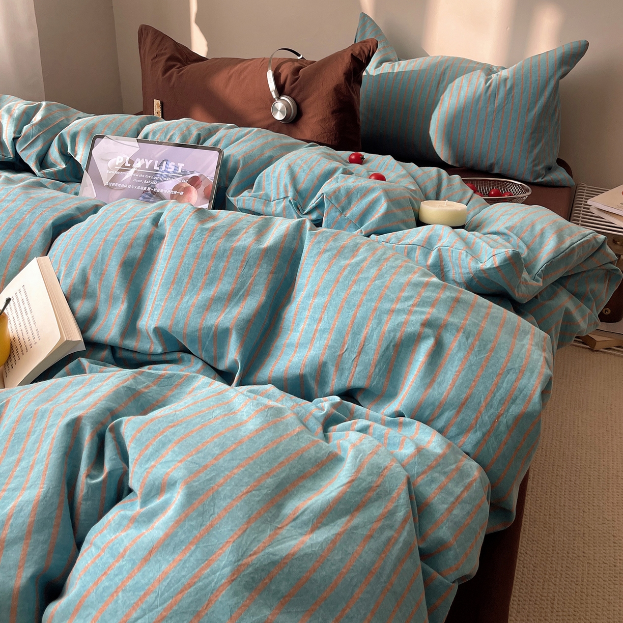 91家纺网 家纺一手货源 找家纺 雅居纺家纺 2026新款全棉色织混搭水洗棉四件套 雾屿-云水蓝