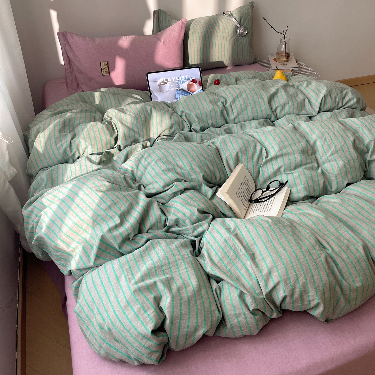 91家纺网 家纺一手货源 找家纺 雅居纺家纺 2026新款全棉色织混搭水洗棉四件套 雾屿-竹青