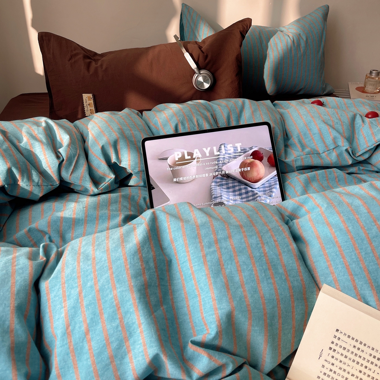 91家纺网 家纺一手货源 找家纺 雅居纺家纺 2026新款全棉色织混搭水洗棉四件套 雾屿-云水蓝