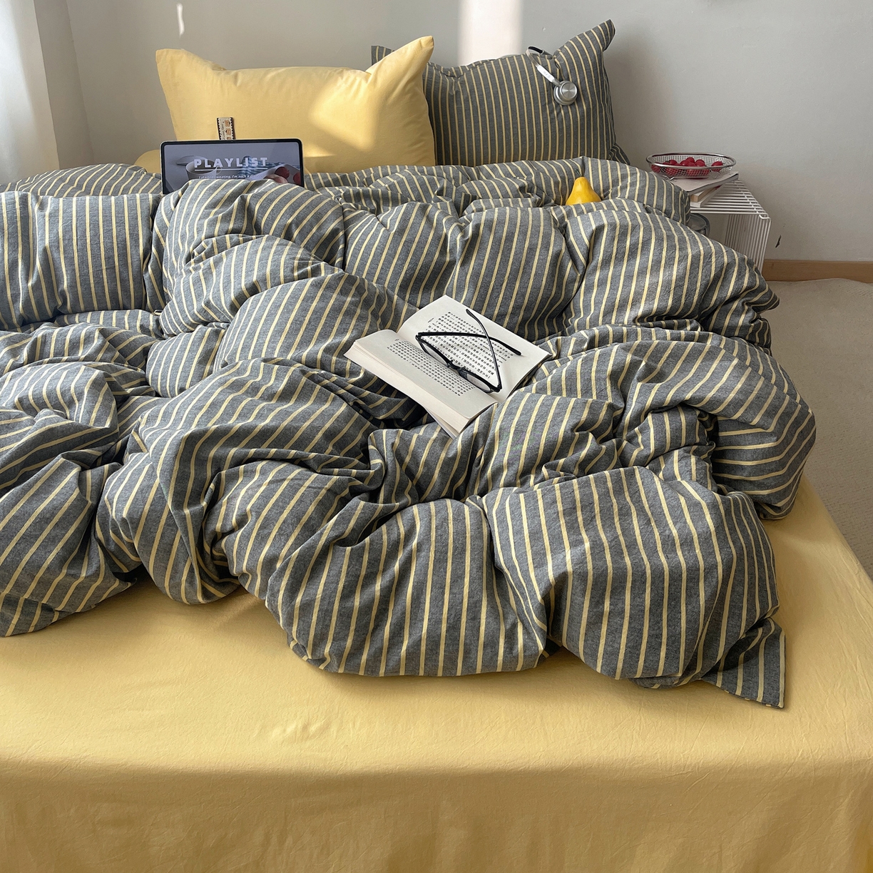 91家纺网 家纺一手货源 找家纺 雅居纺家纺 2026新款全棉色织混搭水洗棉四件套 雾屿-深灰