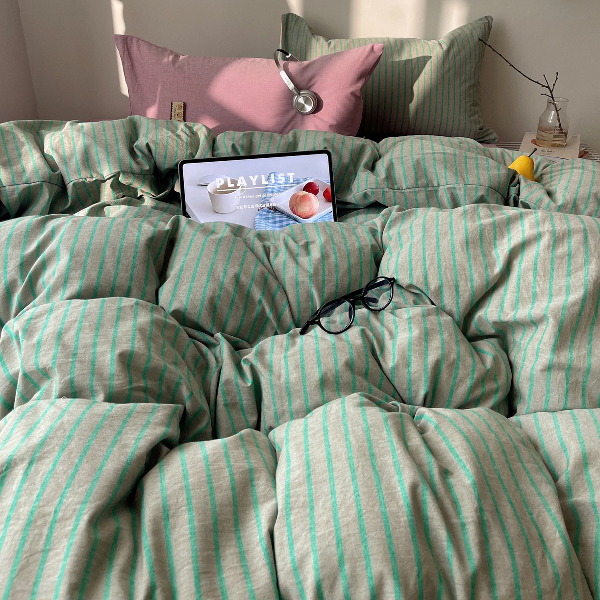 91家纺网 家纺一手货源 找家纺 雅居纺家纺 2026新款全棉色织混搭水洗棉四件套 雾屿-竹青