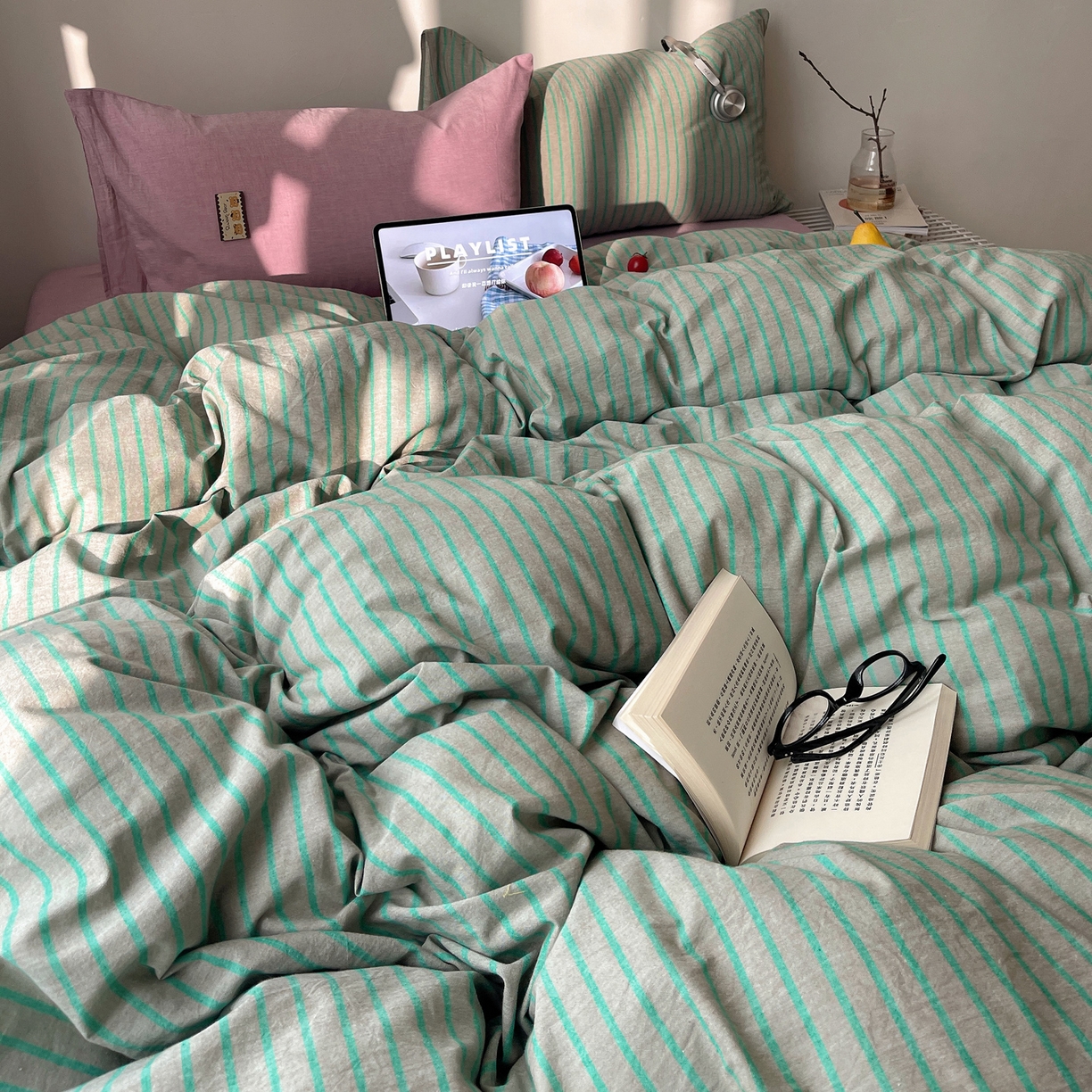 91家纺网 家纺一手货源 找家纺 雅居纺家纺 2026新款全棉色织混搭水洗棉四件套 雾屿-竹青