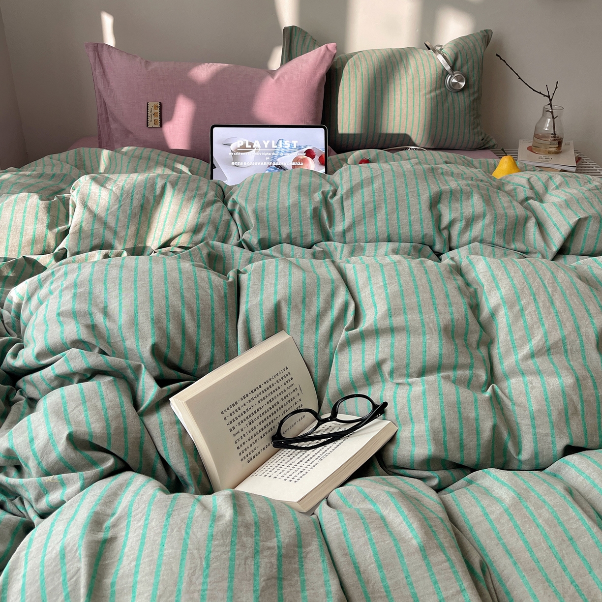 91家纺网 家纺一手货源 找家纺 雅居纺家纺 2026新款全棉色织混搭水洗棉四件套 雾屿-竹青