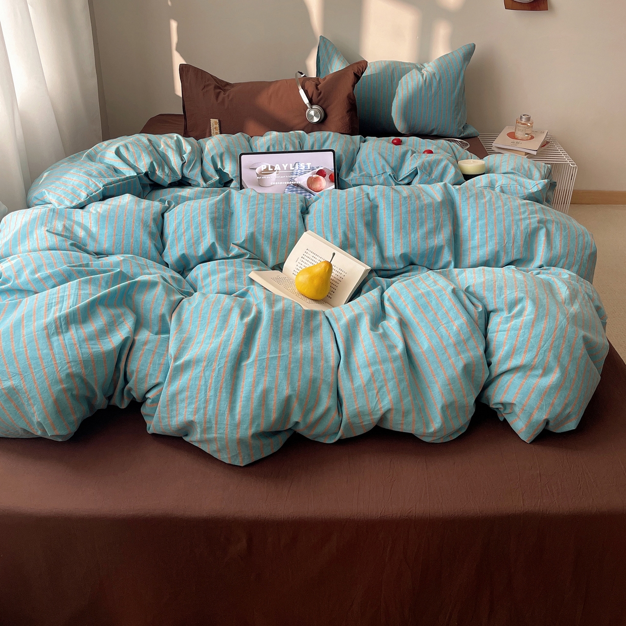 91家纺网 家纺一手货源 找家纺 雅居纺家纺 2026新款全棉色织混搭水洗棉四件套 雾屿-云水蓝