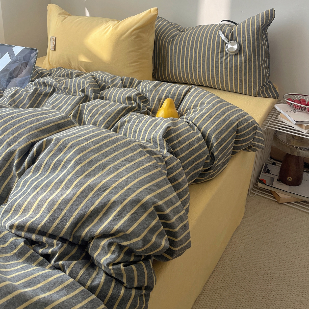 91家纺网 家纺一手货源 找家纺 雅居纺家纺 2026新款全棉色织混搭水洗棉四件套 雾屿-深灰