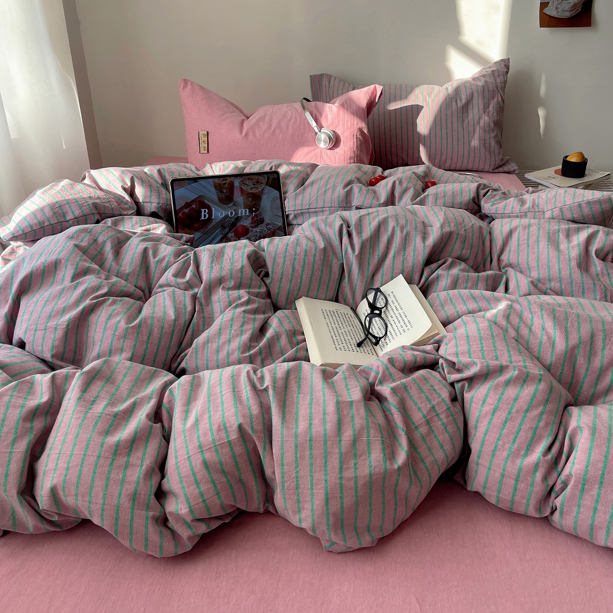 91家纺网 家纺一手货源 找家纺 雅居纺家纺 2026新款全棉色织混搭水洗棉四件套 雾屿-豆沙