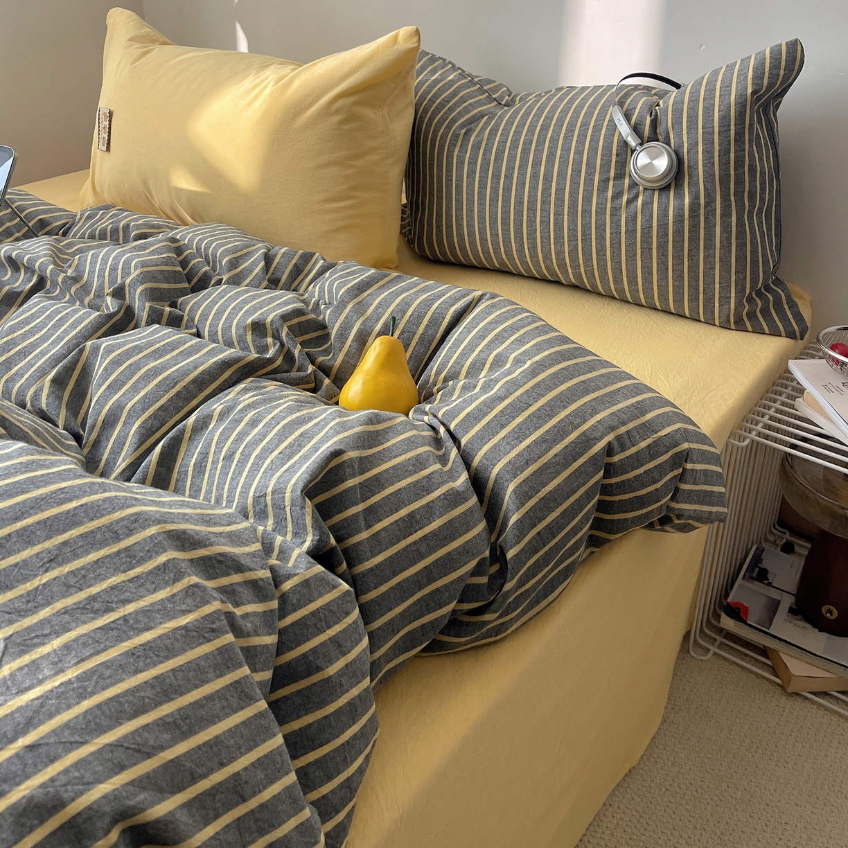 91家纺网 家纺一手货源 找家纺 雅居纺家纺 2026新款全棉色织混搭水洗棉四件套 雾屿-深灰