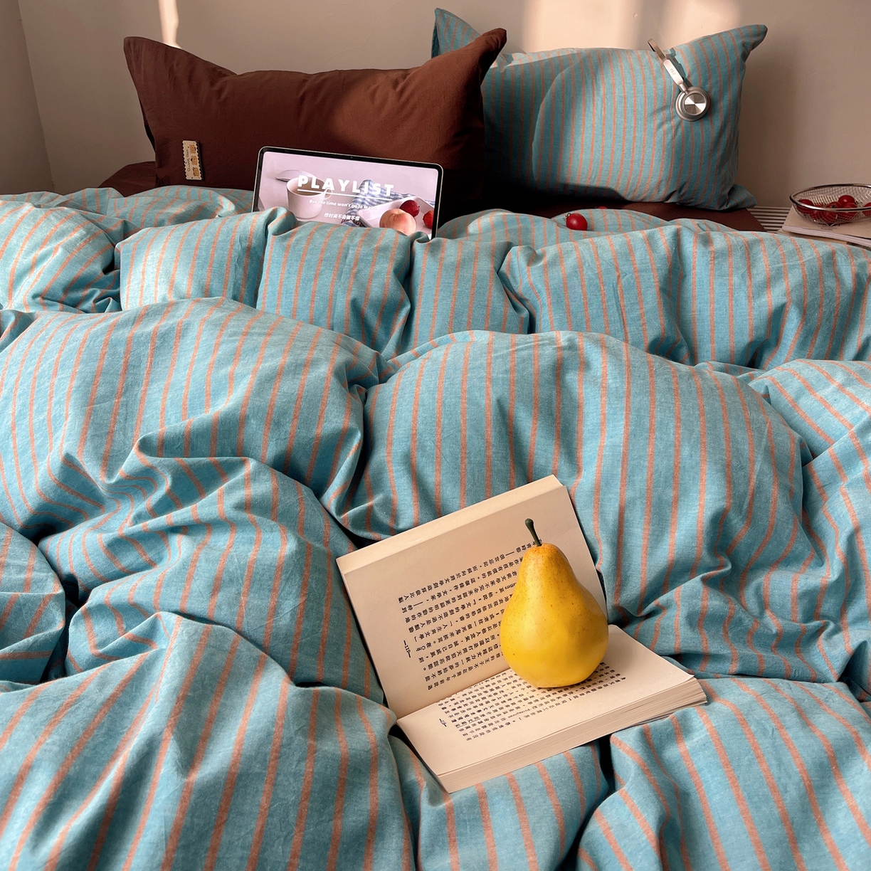 91家纺网 家纺一手货源 找家纺 雅居纺家纺 2026新款全棉色织混搭水洗棉四件套 雾屿-云水蓝