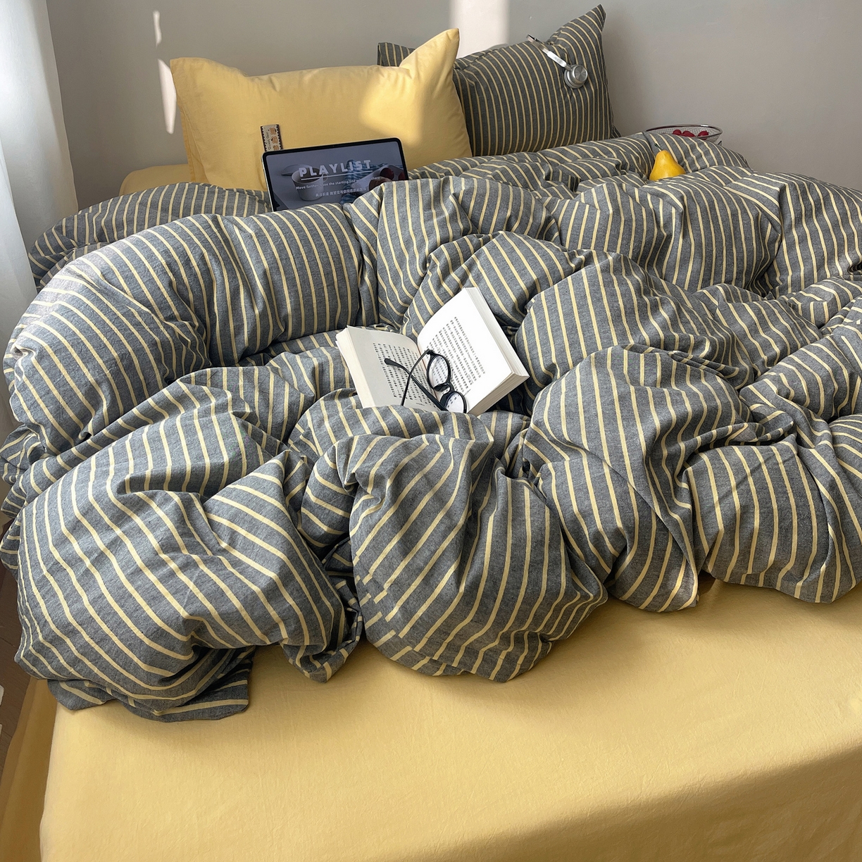 91家纺网 家纺一手货源 找家纺 雅居纺家纺 2026新款全棉色织混搭水洗棉四件套 雾屿-深灰