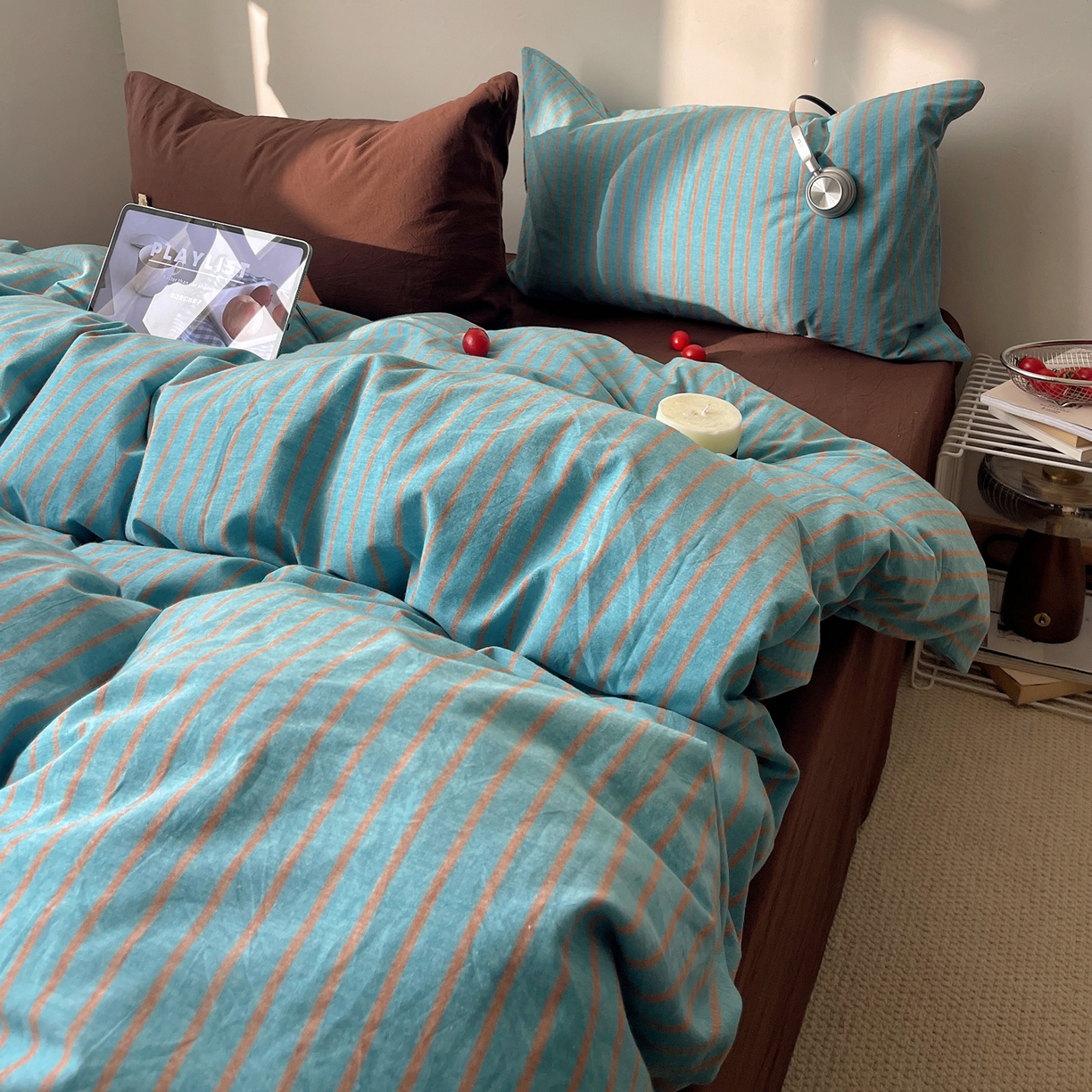 91家纺网 家纺一手货源 找家纺 雅居纺家纺 2026新款全棉色织混搭水洗棉四件套 雾屿-云水蓝