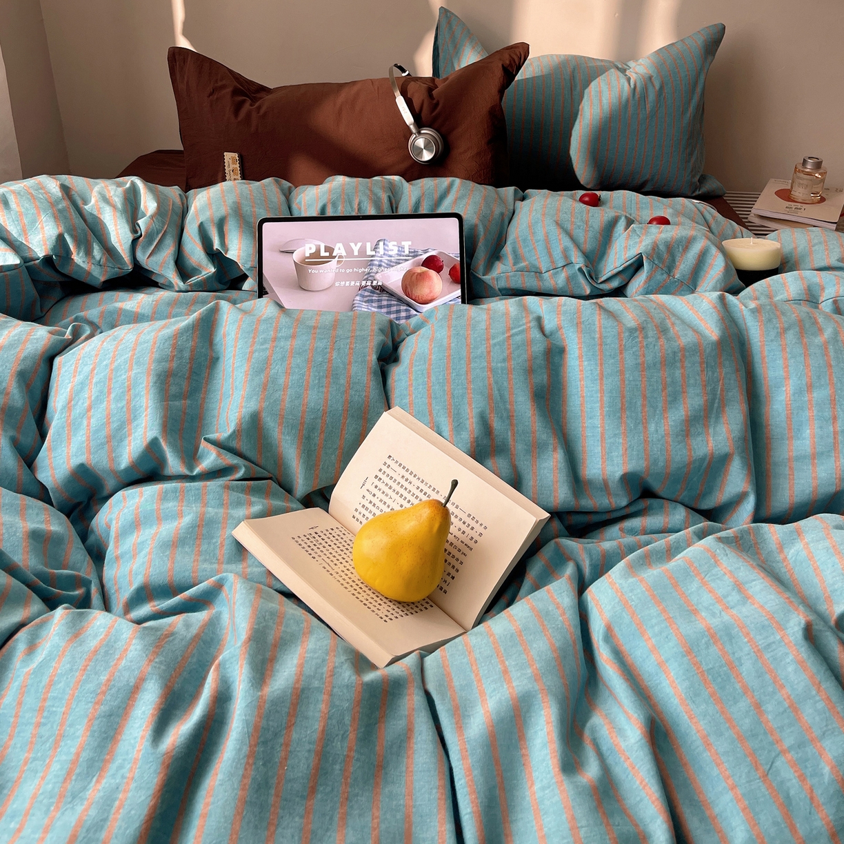 91家纺网 家纺一手货源 找家纺 雅居纺家纺 2026新款全棉色织混搭水洗棉四件套 雾屿-云水蓝