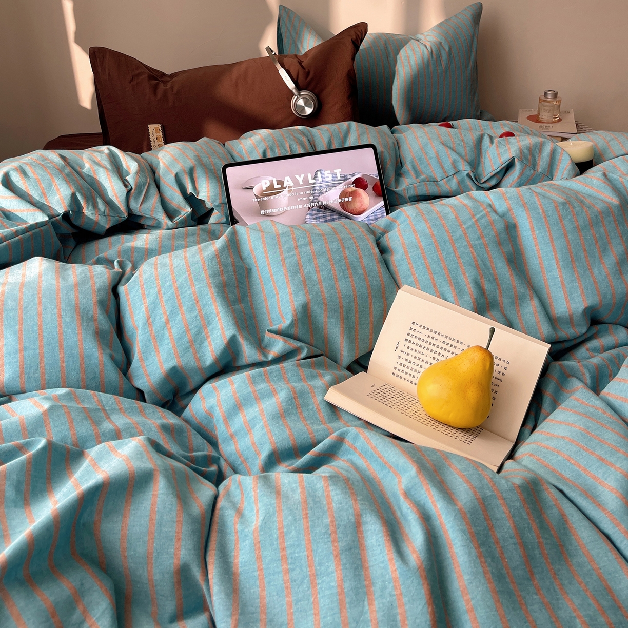 91家纺网 家纺一手货源 找家纺 雅居纺家纺 2026新款全棉色织混搭水洗棉四件套 雾屿-云水蓝