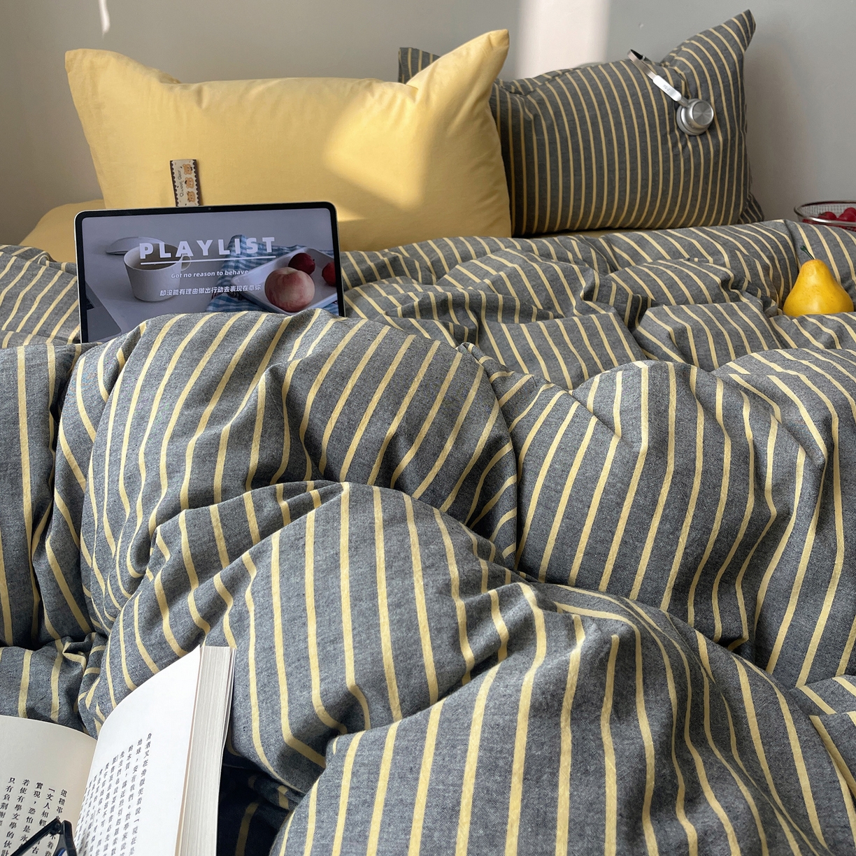 91家纺网 家纺一手货源 找家纺 雅居纺家纺 2026新款全棉色织混搭水洗棉四件套 雾屿-深灰