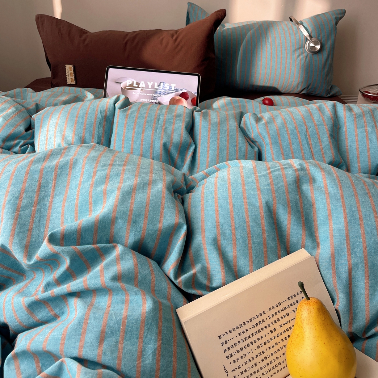 91家纺网 家纺一手货源 找家纺 雅居纺家纺 2026新款全棉色织混搭水洗棉四件套 雾屿-云水蓝