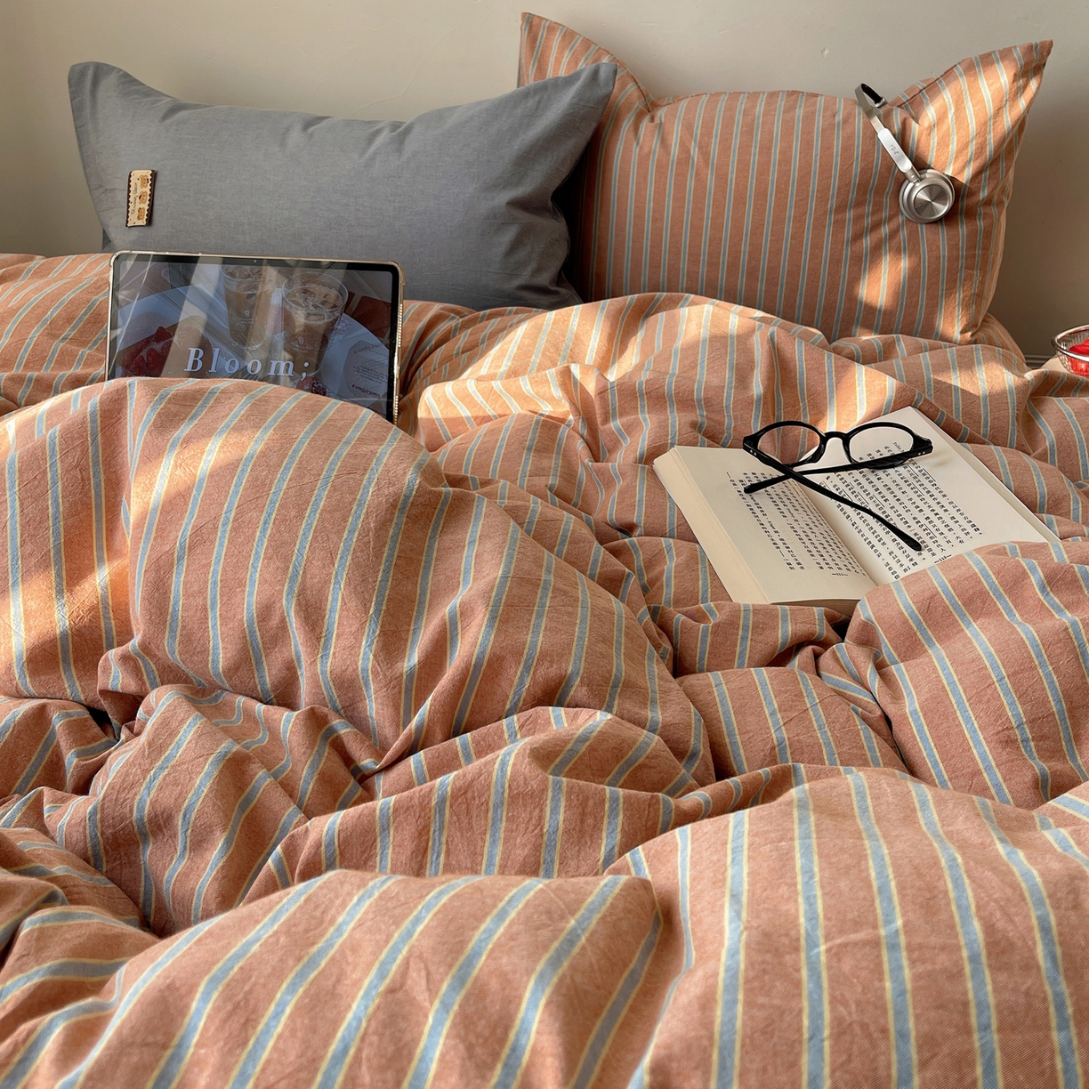 91家纺网 家纺一手货源 找家纺 雅居纺家纺 2026新款全棉色织混搭水洗棉四件套 雾屿-橘黄