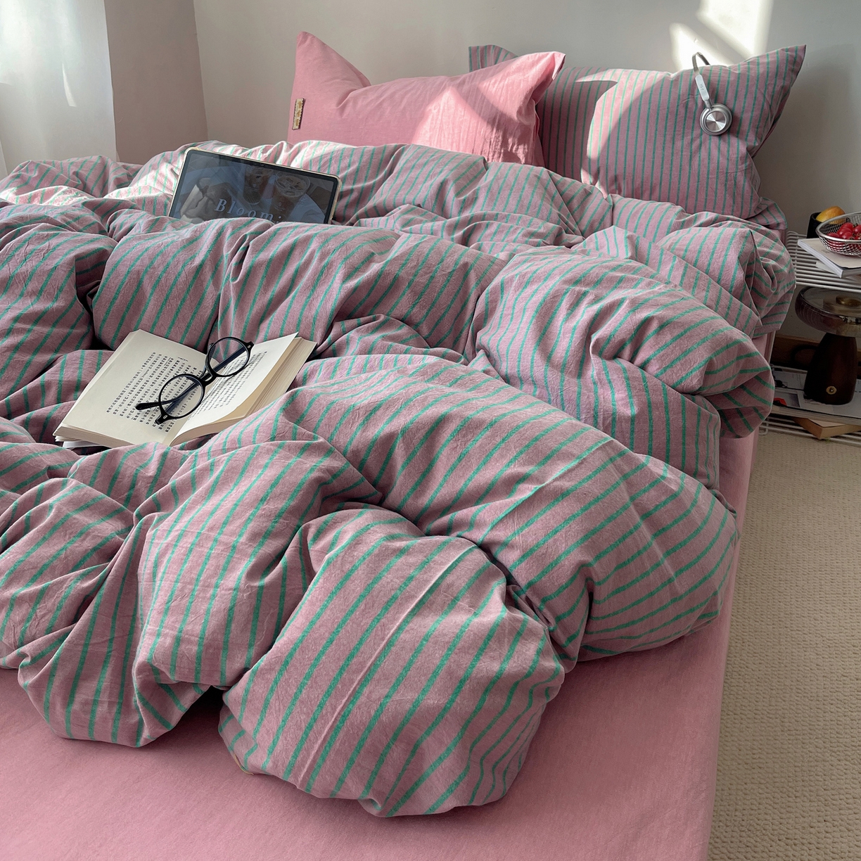 91家纺网 家纺一手货源 找家纺 雅居纺家纺 2026新款全棉色织混搭水洗棉四件套 雾屿-豆沙