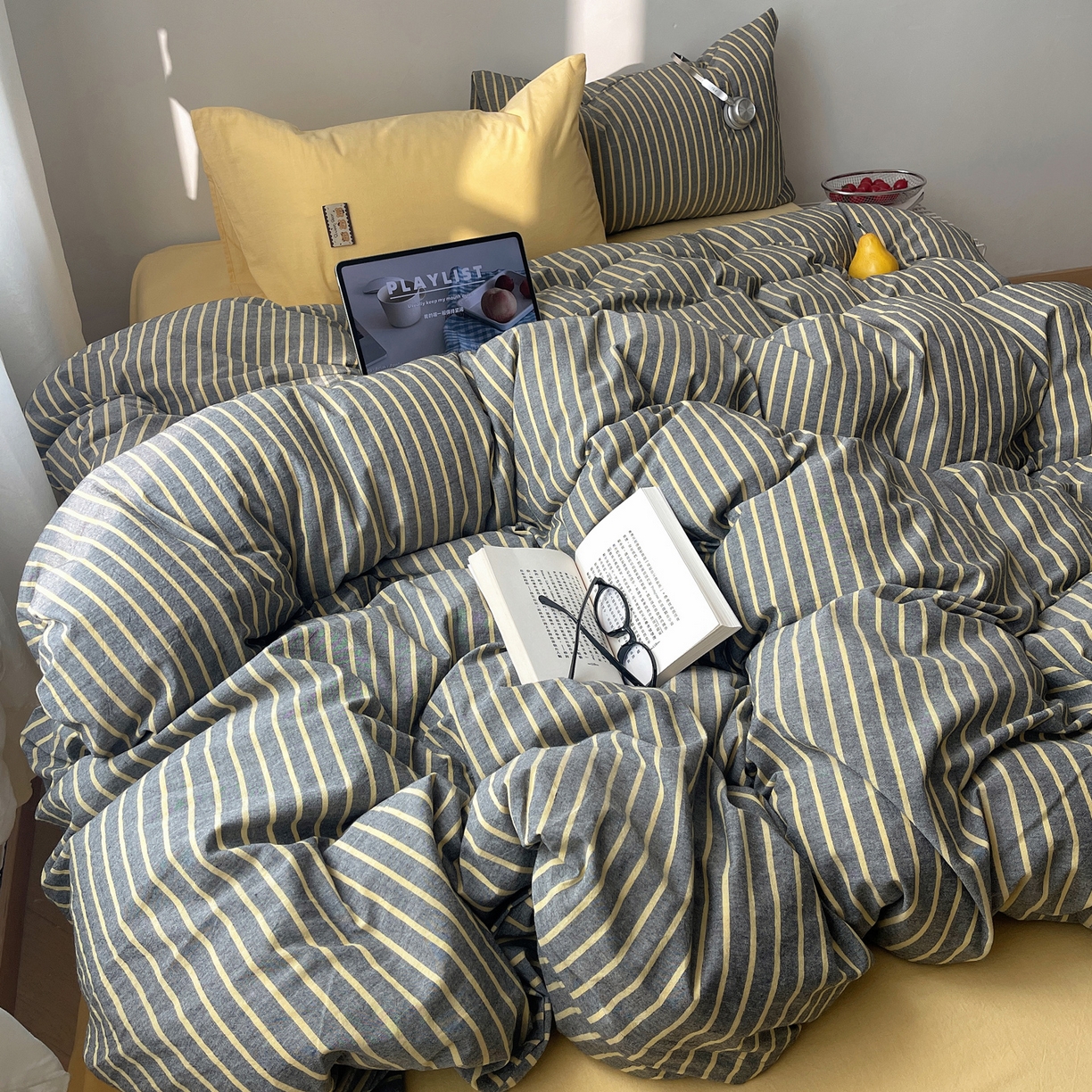 91家纺网 家纺一手货源 找家纺 雅居纺家纺 2026新款全棉色织混搭水洗棉四件套 雾屿-深灰