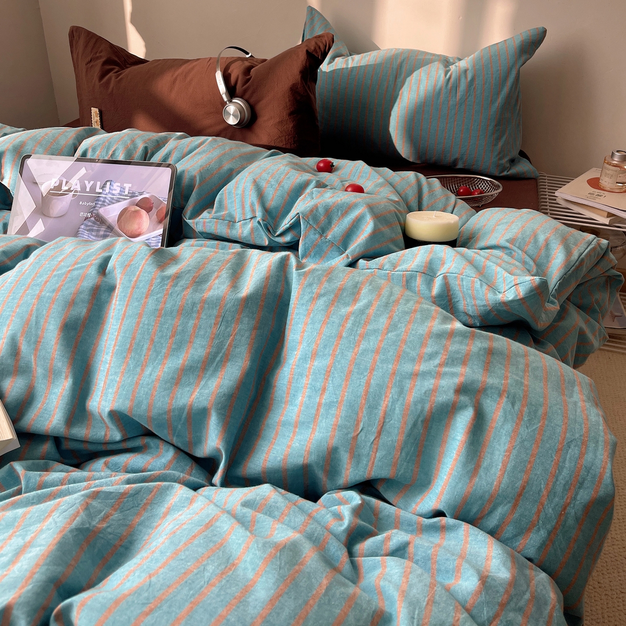 91家纺网 家纺一手货源 找家纺 雅居纺家纺 2026新款全棉色织混搭水洗棉四件套 雾屿-云水蓝