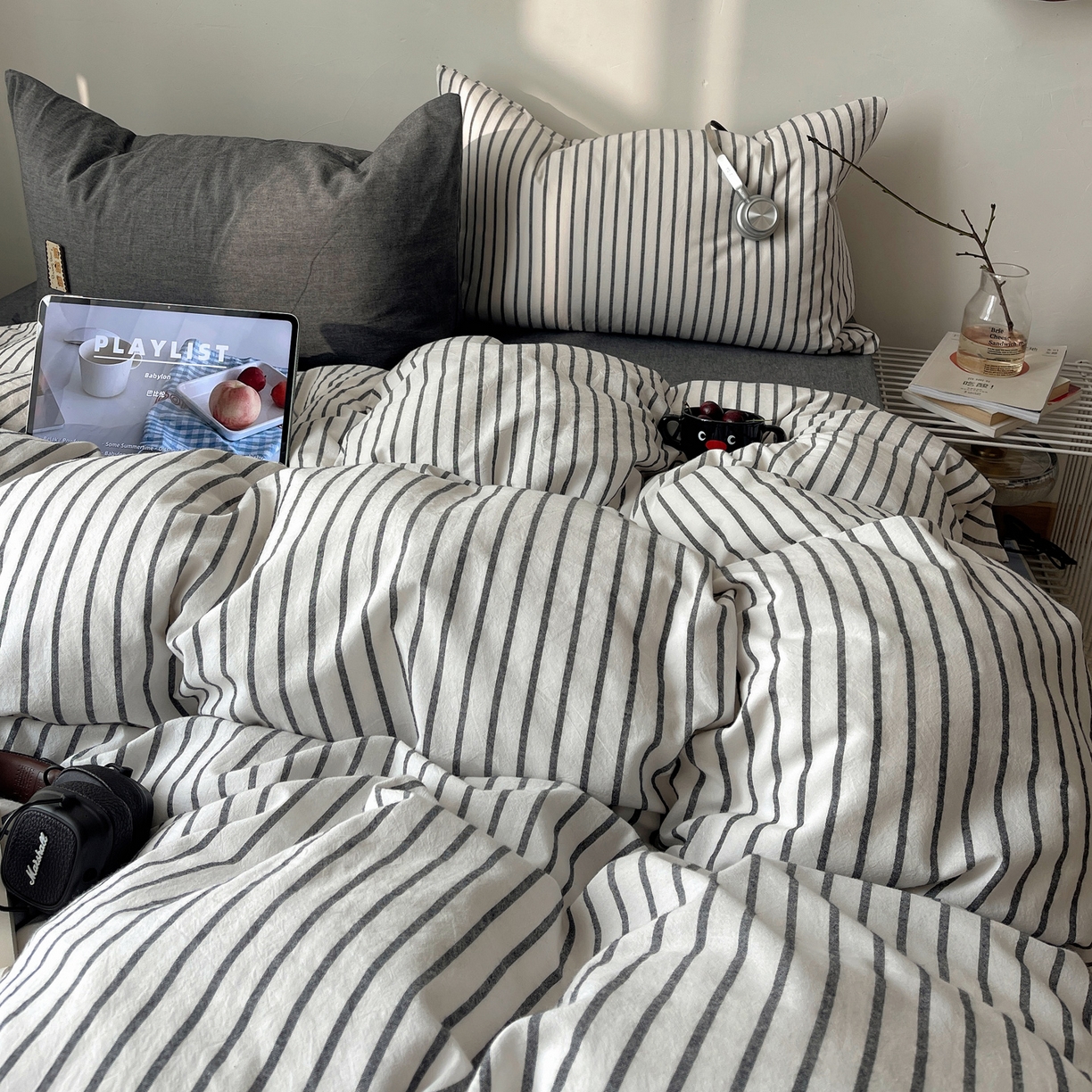 91家纺网 家纺一手货源 找家纺 雅居纺家纺 2026新款全棉色织混搭水洗棉四件套 雾屿-月白