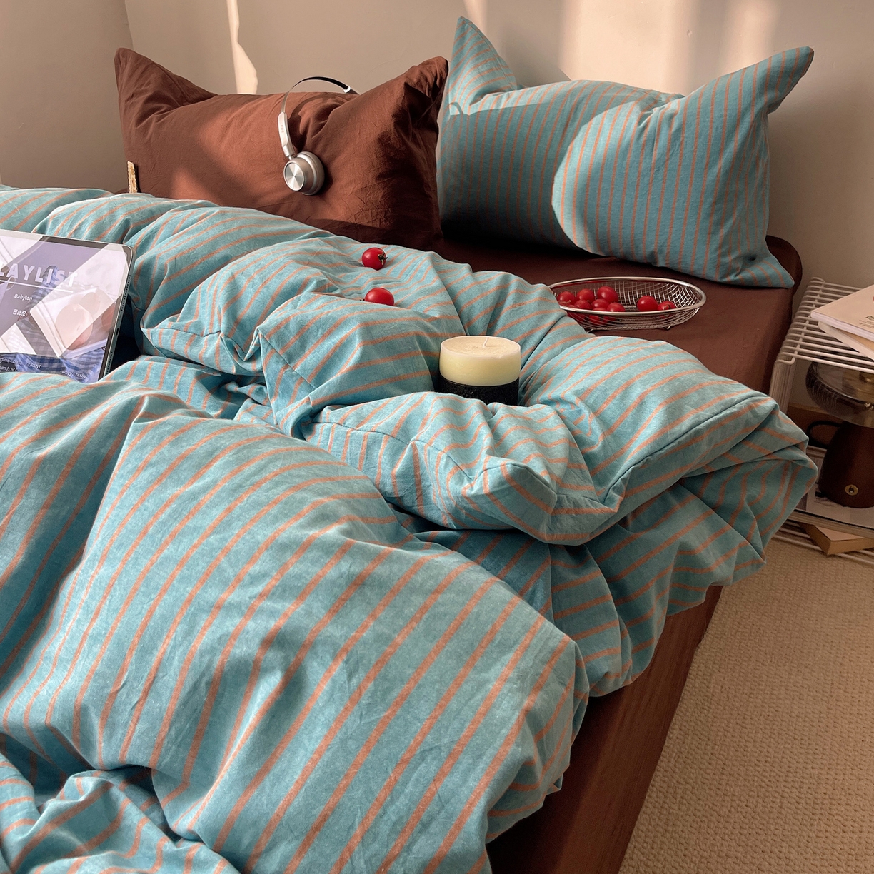 91家纺网 家纺一手货源 找家纺 雅居纺家纺 2026新款全棉色织混搭水洗棉四件套 雾屿-云水蓝