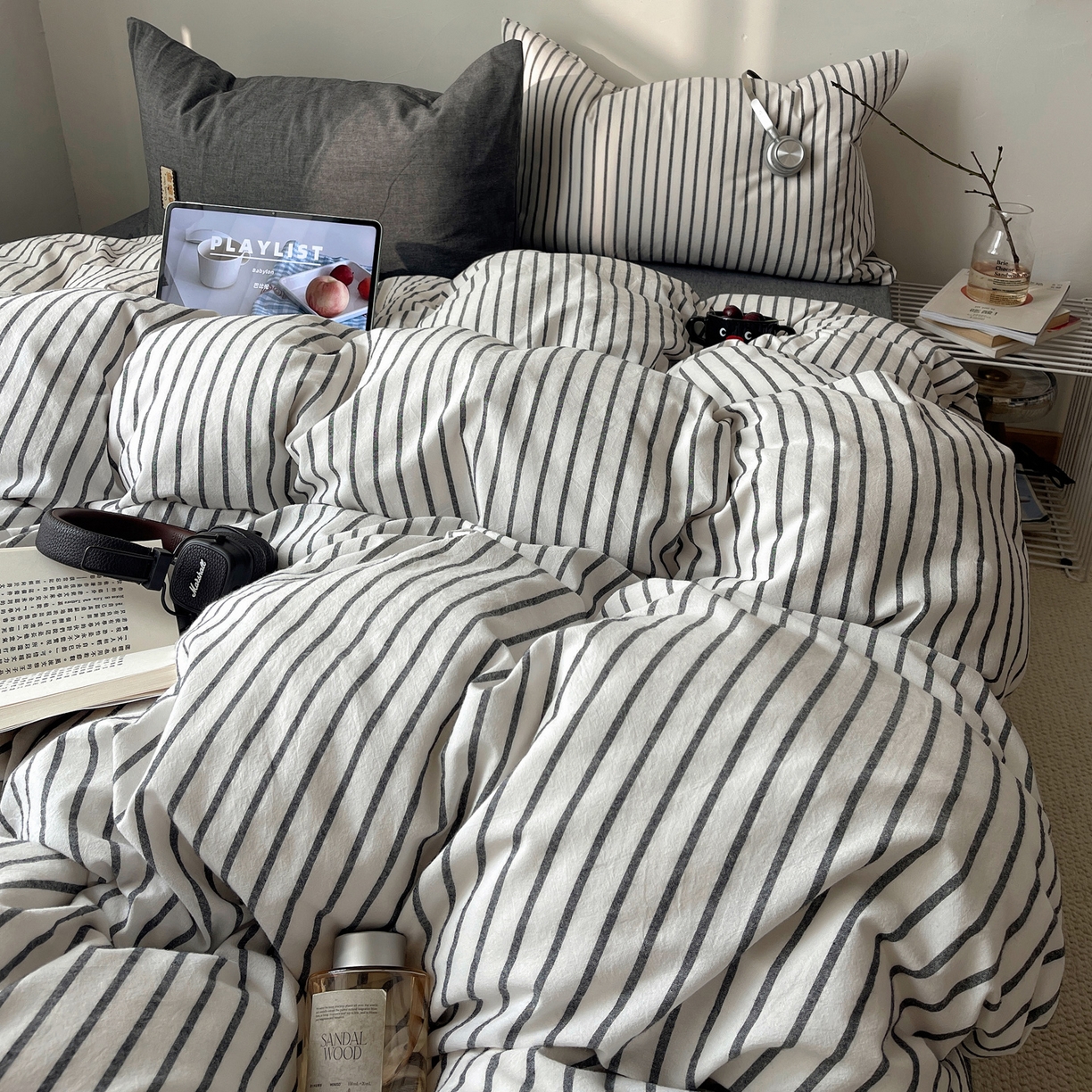 91家纺网 家纺一手货源 找家纺 雅居纺家纺 2026新款全棉色织混搭水洗棉四件套 雾屿-月白