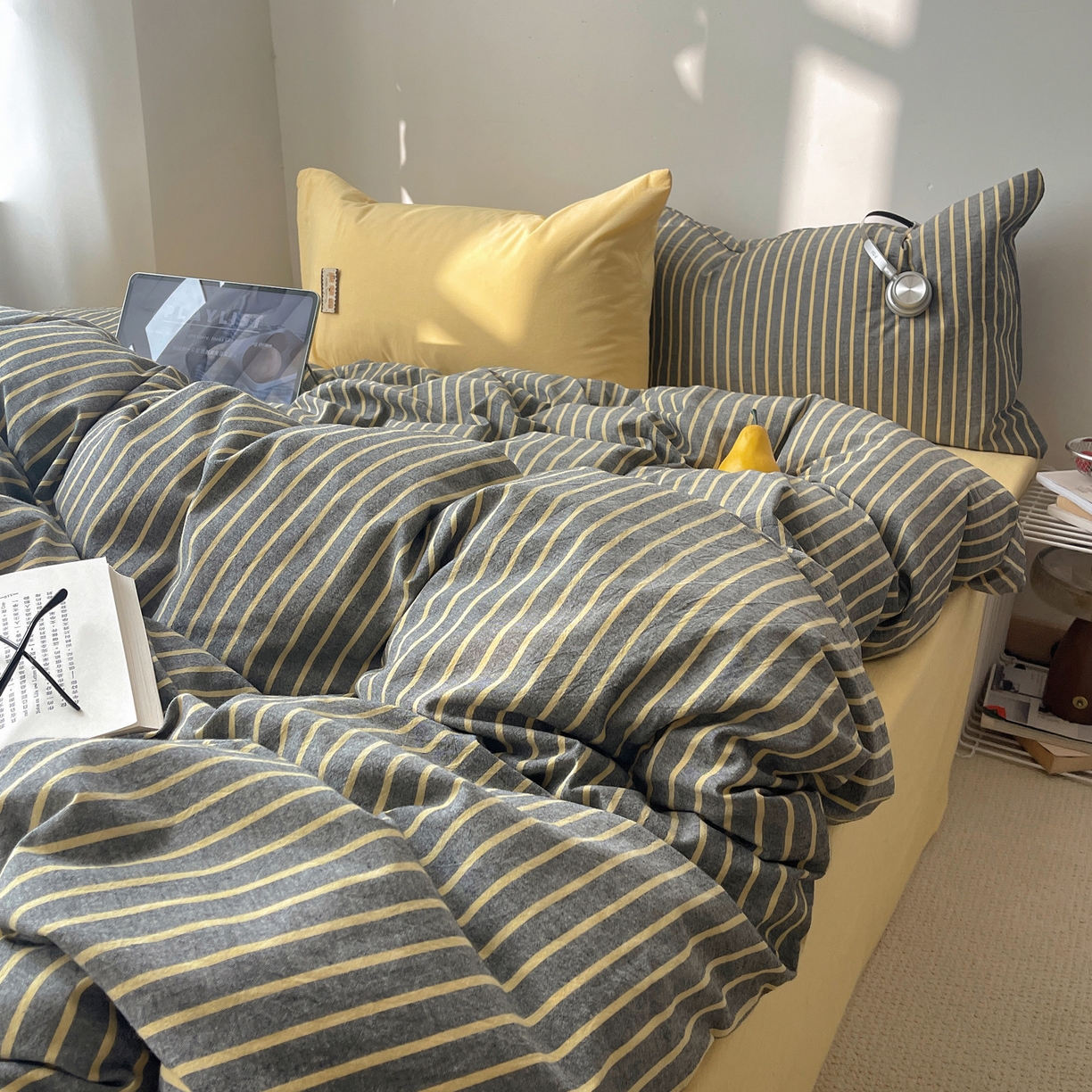 91家纺网 家纺一手货源 找家纺 雅居纺家纺 2026新款全棉色织混搭水洗棉四件套 雾屿-深灰